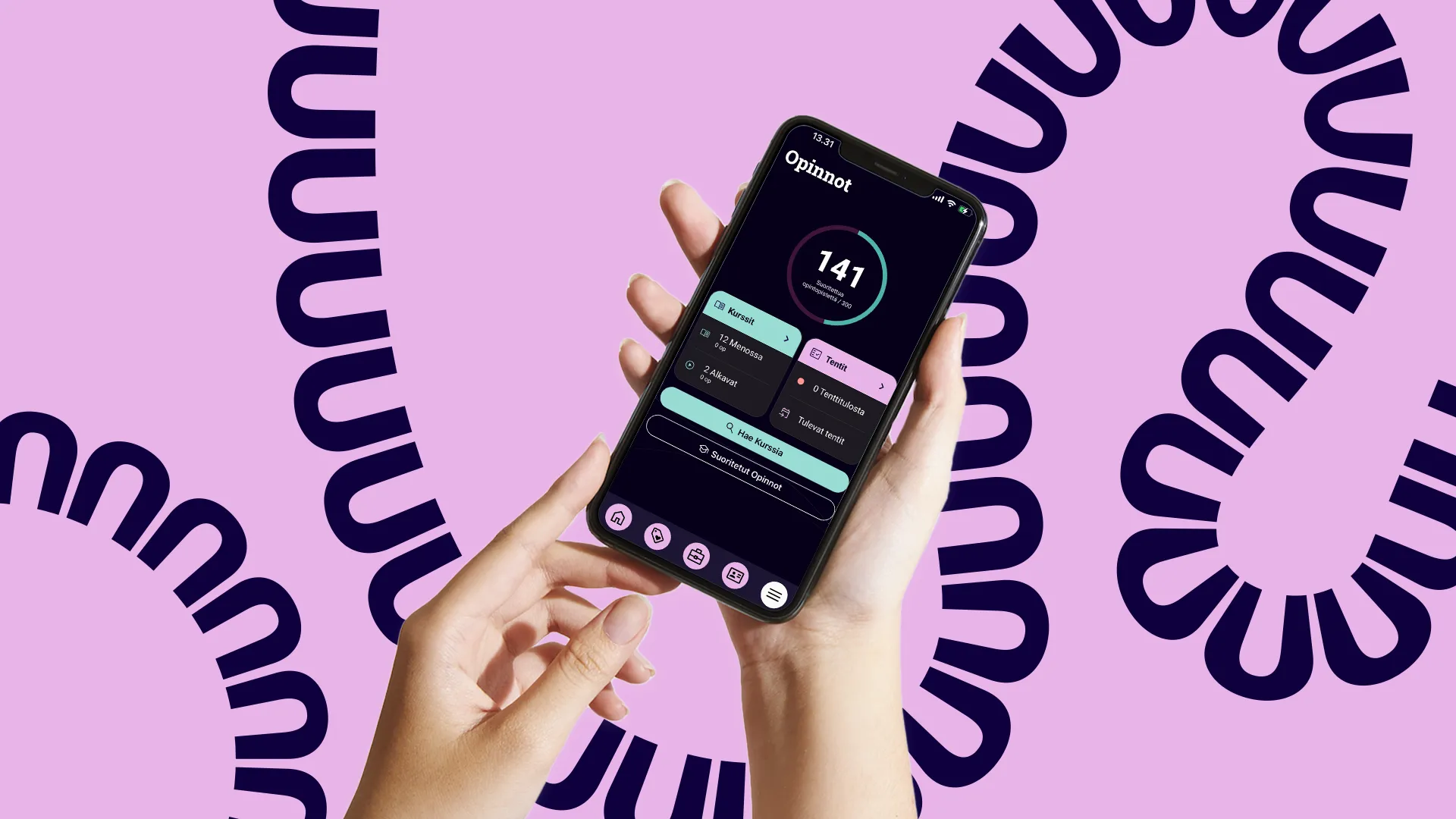 Puhelin, jossa Tuudo auki, pinkillä taustalla