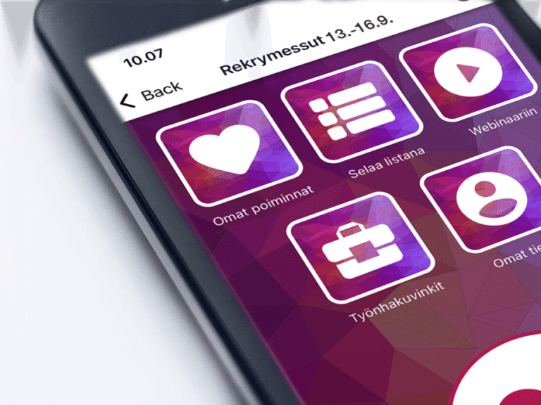 Puhelin, jossa näkyy Tuudon rekrymessujen päävalikko.